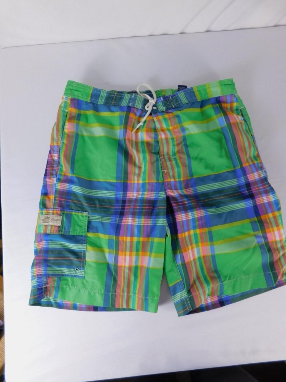Chaps Swim Trunks Mens L Multicolor Plaid Mesh Lined Drawstring Pockets